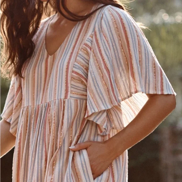 NWT Garnet Hill Lola Shimmering Metallic Gold StripedOrganic Cotton Dress - M